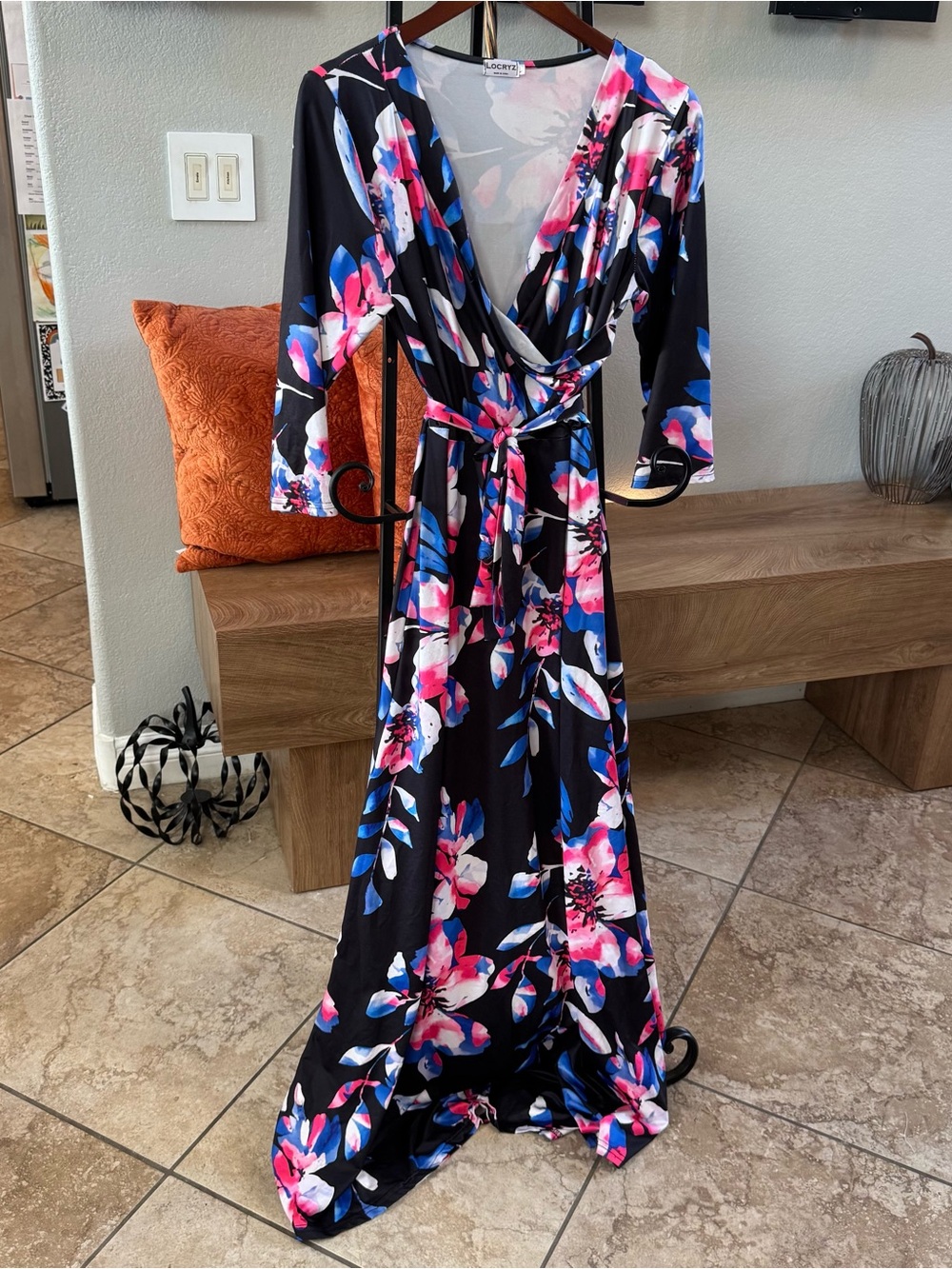 Surplice Floral Maxi Dress in Black with Pink & Blue Blooms